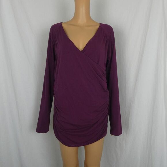 Garnet Hill Juliet Faux Wrap V Neck Draped Ruched Long Sleeve Blouse Top Purple - Picture 1 of 12